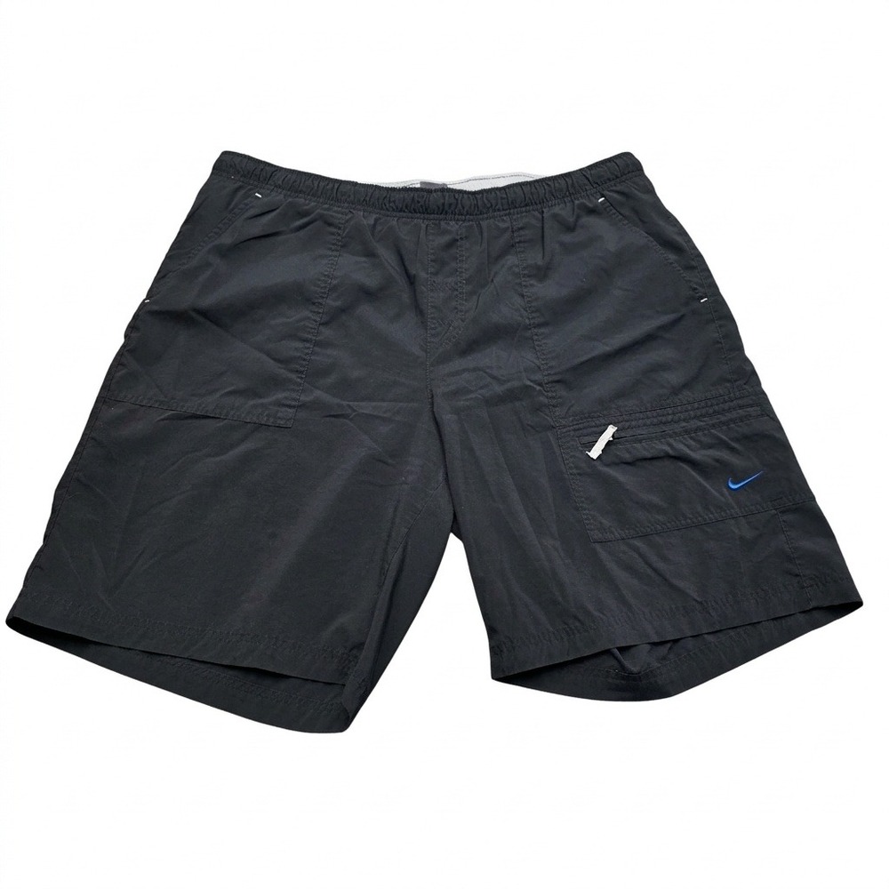 Nike Men's‎ Swim Trunks Shorts Size XL Black Cargo Pocket Mesh Lined Blue Swoosh